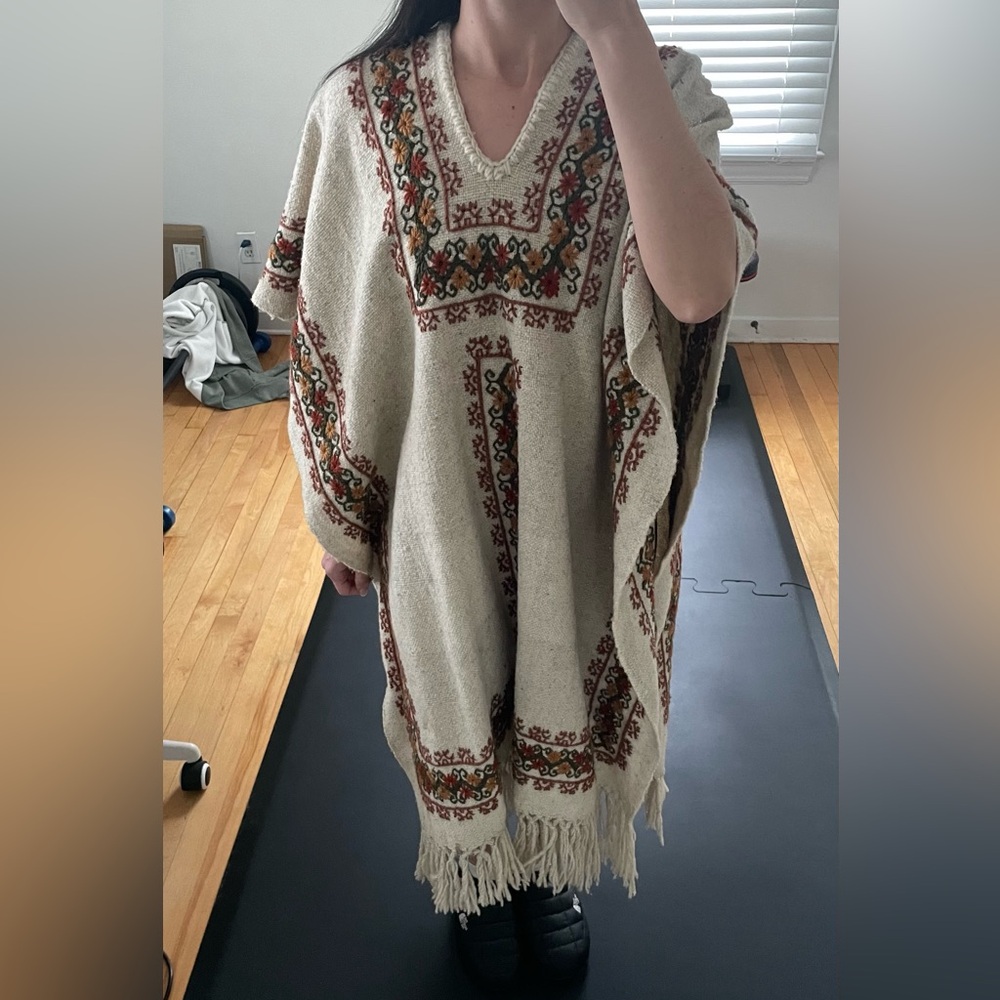 Embroidered Sweater Wool Poncho